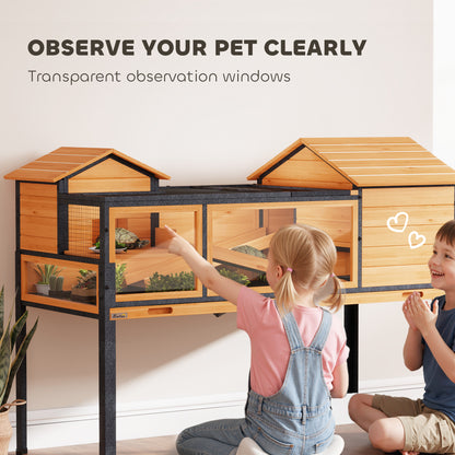 Tortoise House with 2 Rooms, Wooden Reptile Enclosure Habitat with Clear Windows, Ramps, Openable Top, Built-in Tray, with Stand Legs for Indoor Use, Yellow