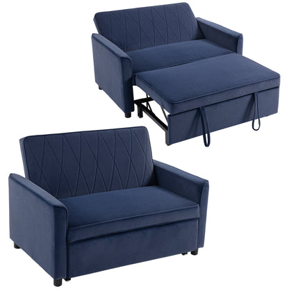 2 Seater Sofa Bed, 3-in-1 Convertible Pull Out Sleeper Sofa, Velvet Loveseat Bed Settee with Clik-Clack Adjustable Backrest, High-Density Foam for Living Room, Bedroom, Guest Room, Dark Blue