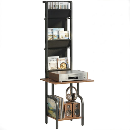 Vinyl Record Player Stand with Oxford Pockets Rustic Brown and Black