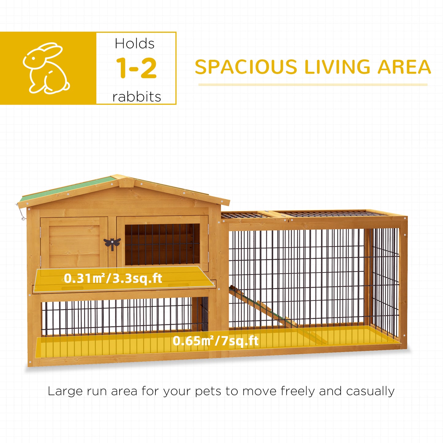 Rabbit Hutch, Wooden Guinea Pig Hutch with Run & Tray, Yellow