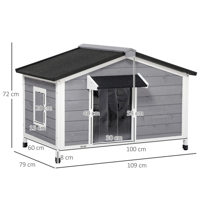 Large Wooden Dog Kennel Elevated Dog Kennels for Outside, w/ Openable Top, Asphalt Roof, Removable Tray, Adjustable Leg, Grey