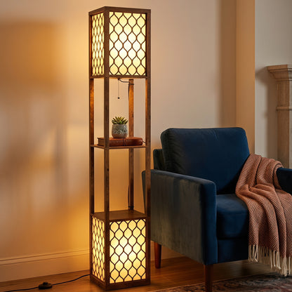 2-Light Modern Floor Lamp with Shelves for Bedroom, Rustic Brown