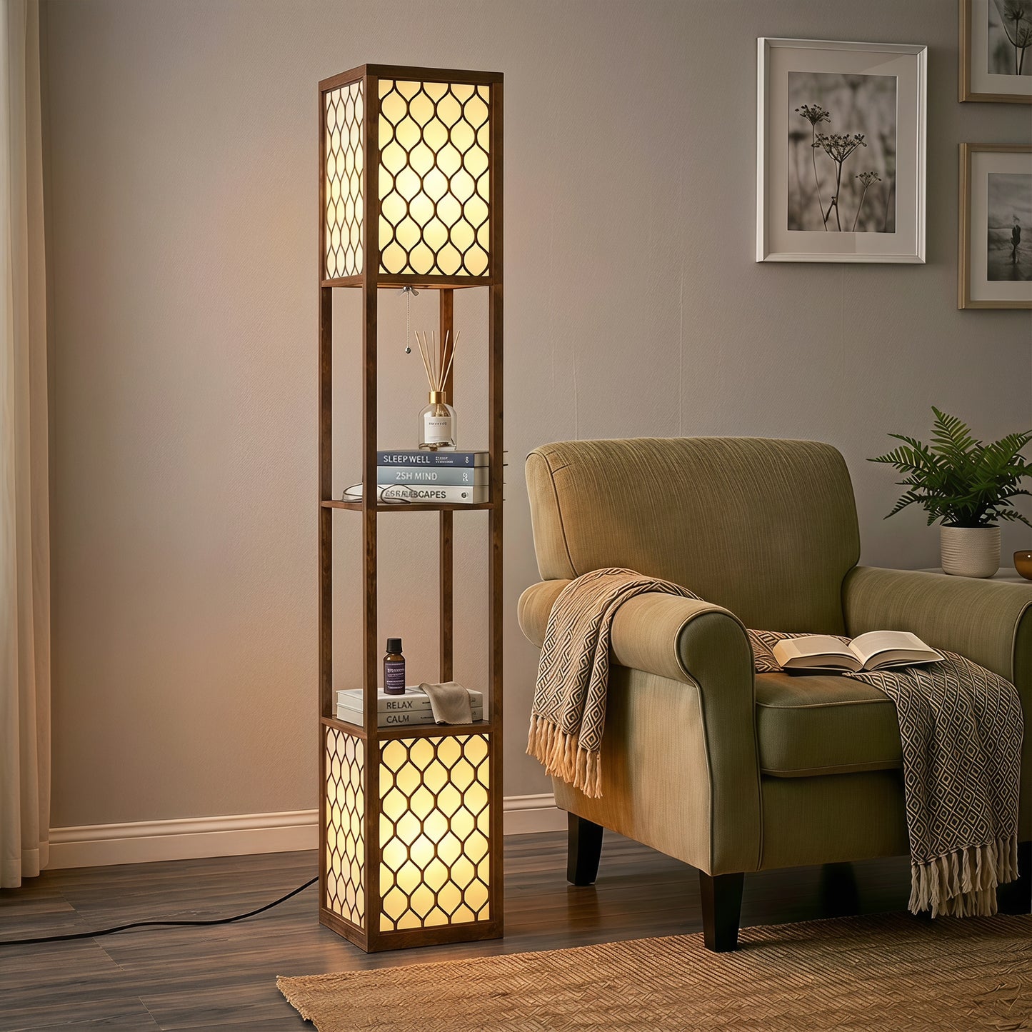 2-Light Modern Floor Lamp with Shelves for Bedroom, Rustic Brown
