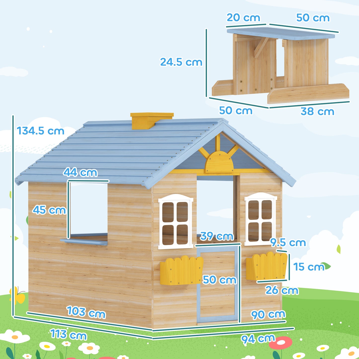 Wooden Kids Playhouse w/ Door, Windows, Bench, For 3-7 Years Blue