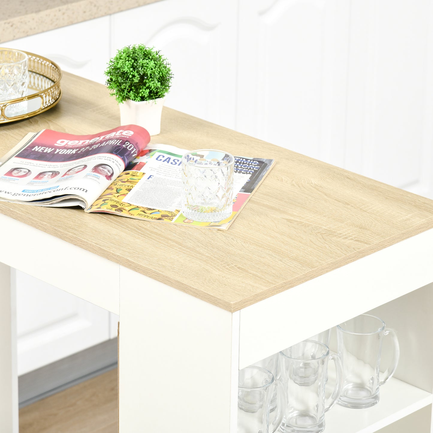 Bar Table Coffee Table Kitchen Dining Table with 4-Tier Shelf Natural