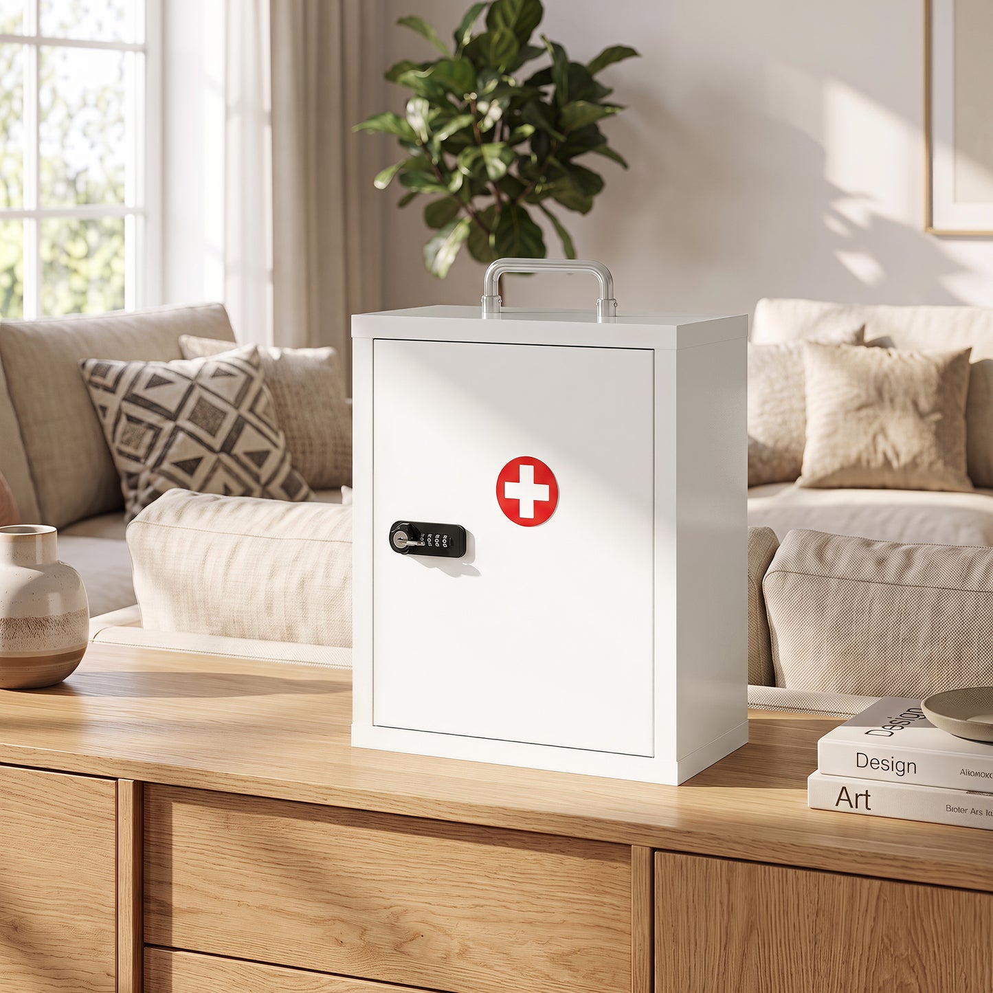 Medicine Cabinet, Medical Cabinet w/ Combination and Key Lock, White