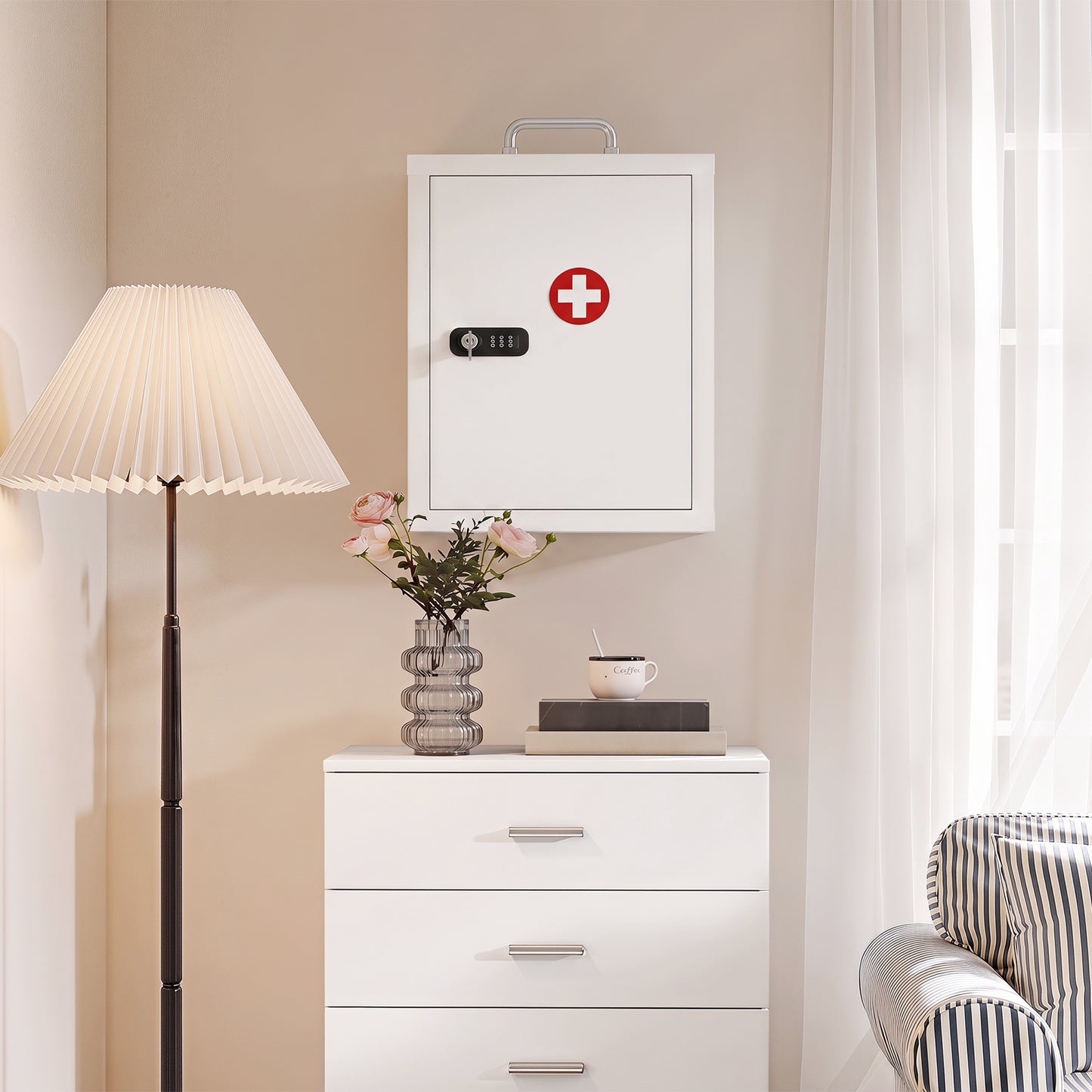 Medicine Cabinet, Medical Cabinet w/ Combination and Key Lock, White