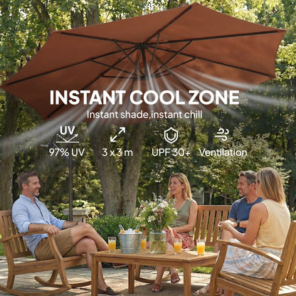 3(m) Garden Banana Parasol Cantilever Umbrella w/ Base, Coffee