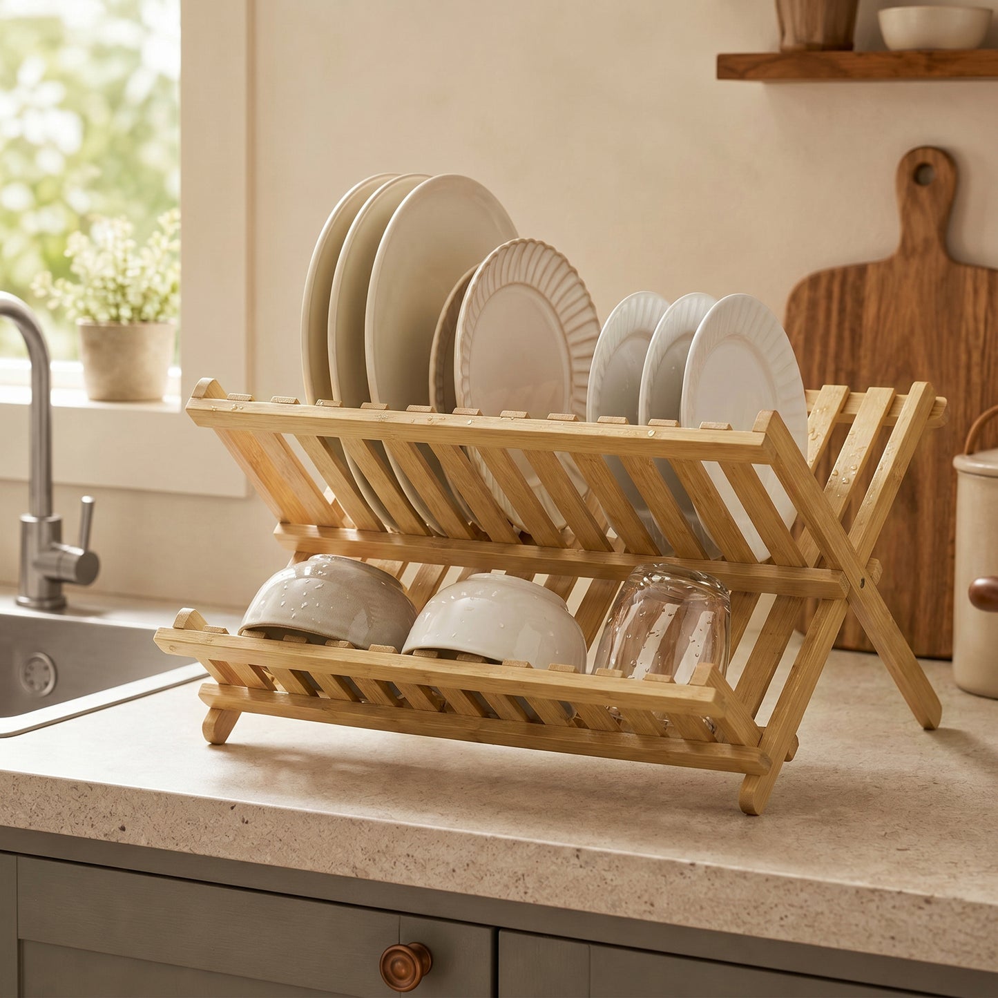 2-Tier Kitchen Storage Unit with Slatted Draining Shelves, Natural