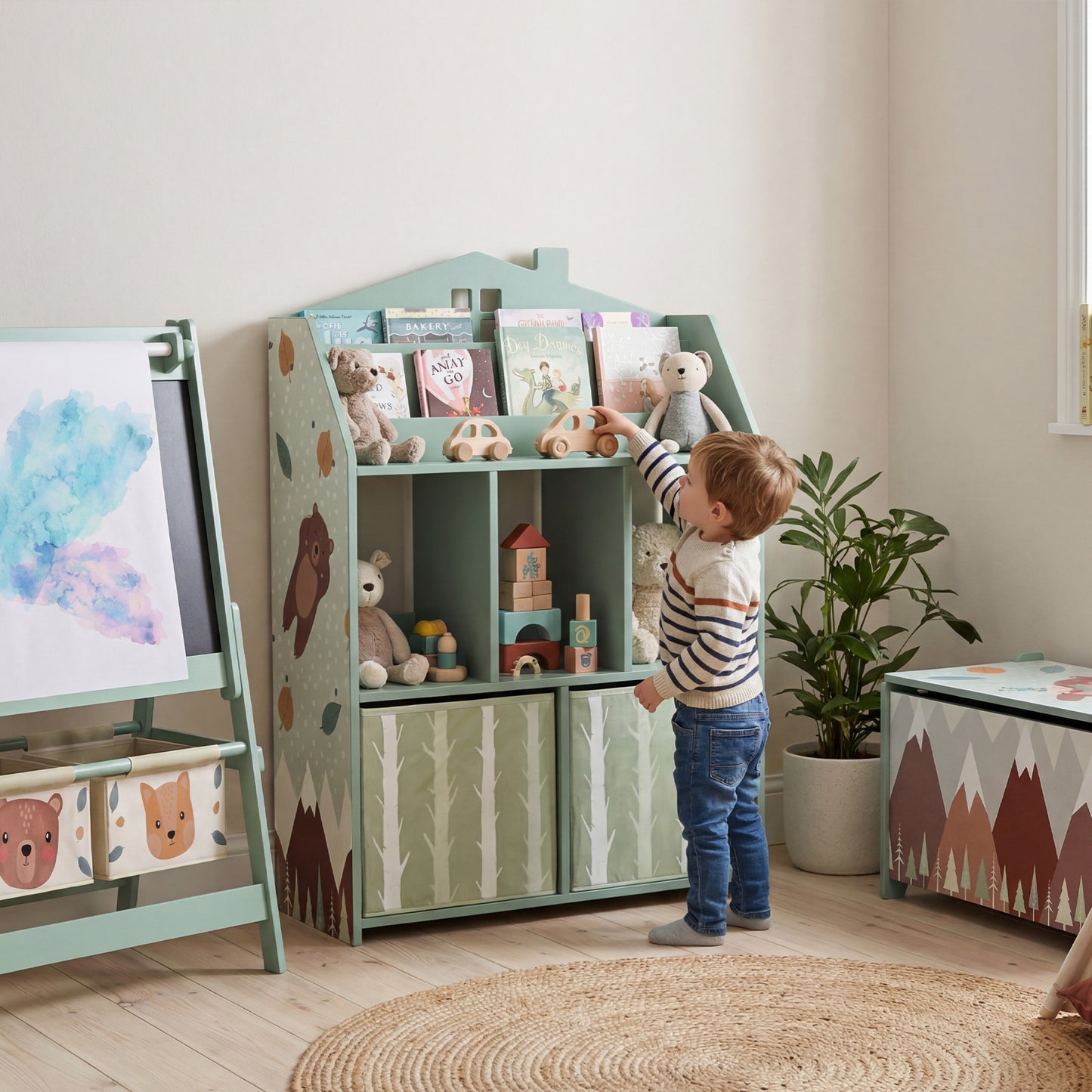 Kids Bookshelf with Storage, Toy Storage Unit for Playroom, Green