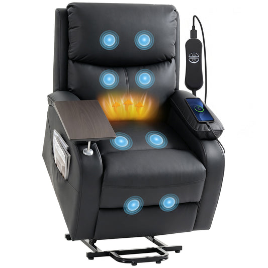 Faux Leather Electric Riser Recliner with Massage, Heat and Side Table - Black
