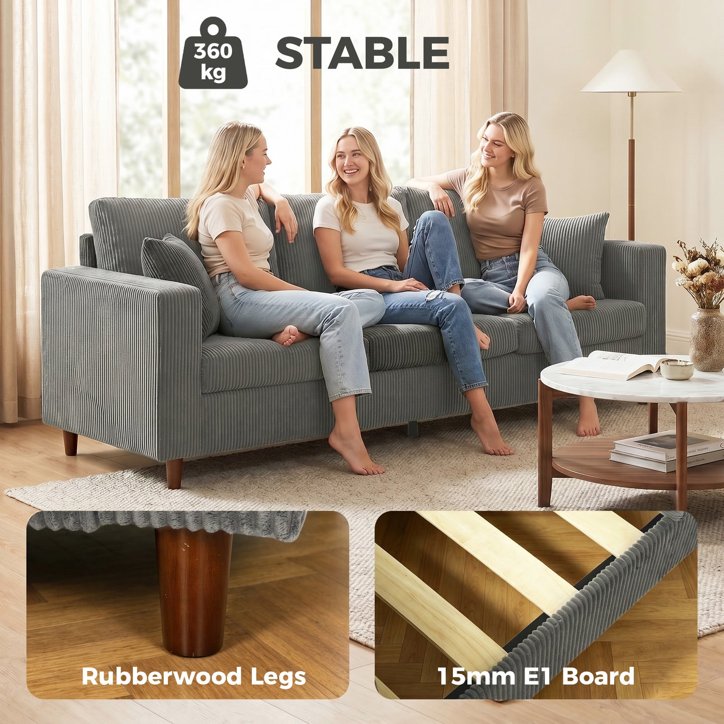 3 Seater Sofa with Wide Seat, Corduroy Upholstered, Light Grey