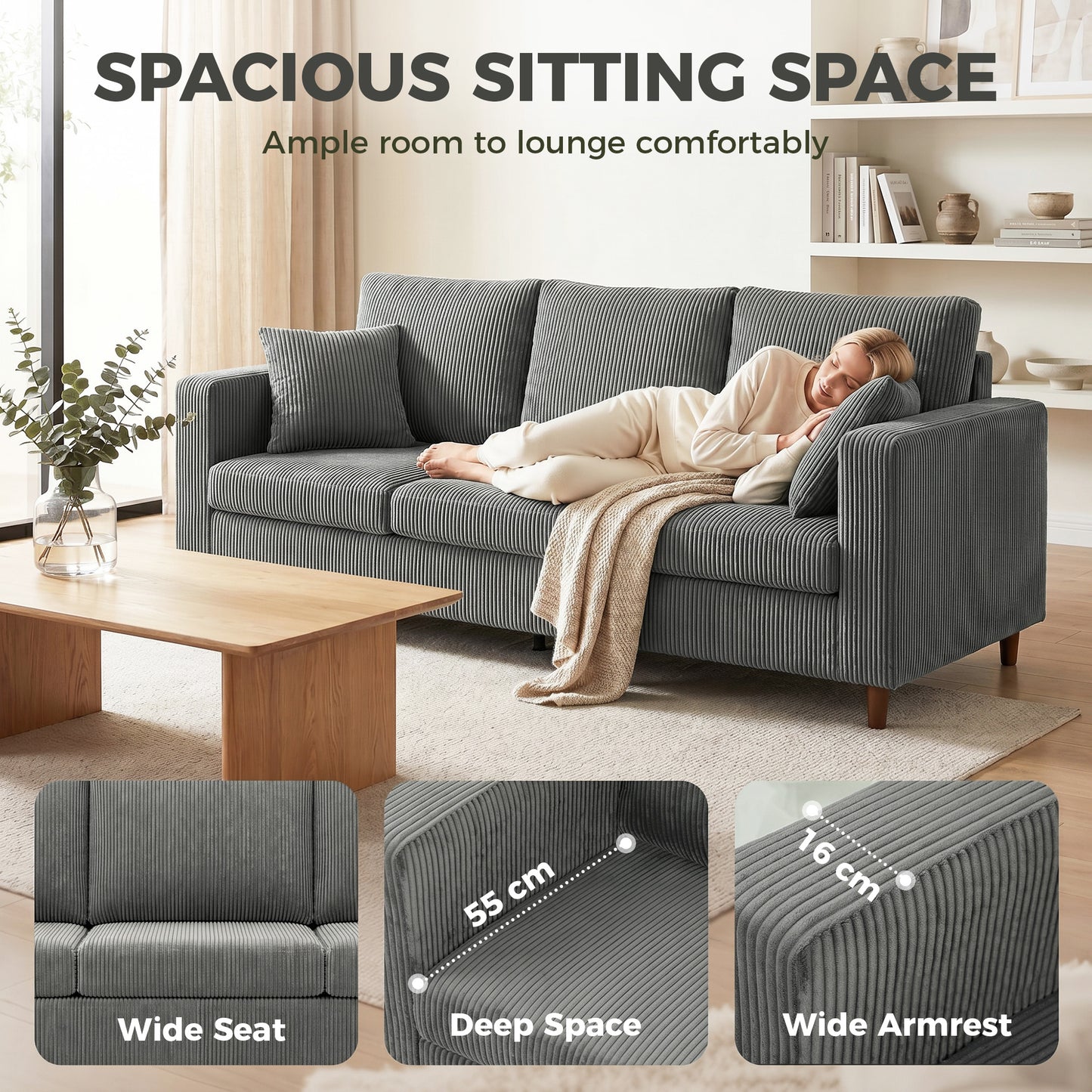 3 Seater Sofa with Wide Seat, Corduroy Upholstered, Light Grey