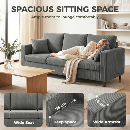 3 Seater Sofa with Wide Seat, Corduroy Upholstered, Light Grey