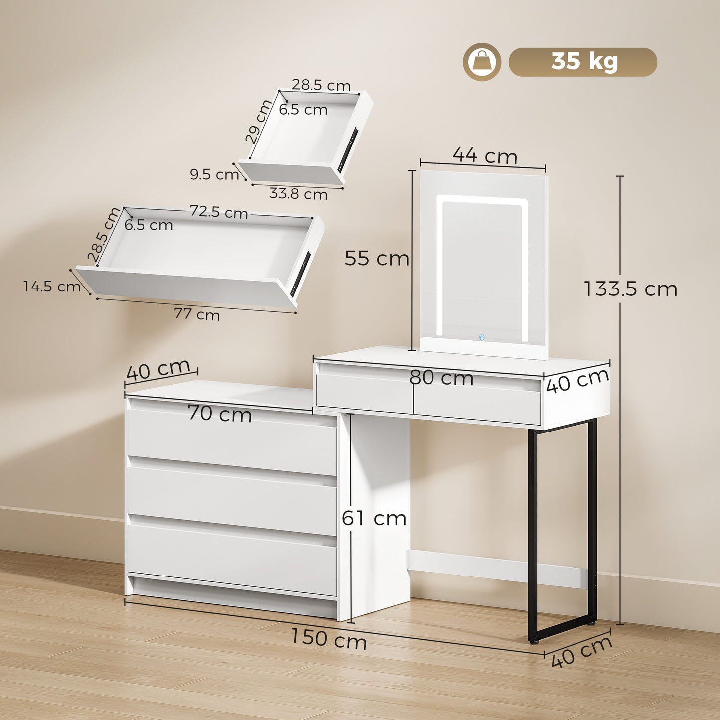 Vanity Makeup Desk LED Mirror Bedroom White