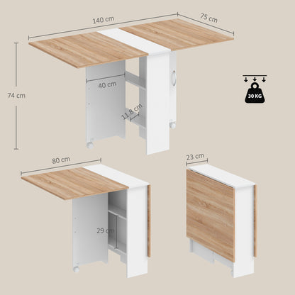 Rolling Drop Leaf Dining Table, Folding Kitchen Table with Shelves