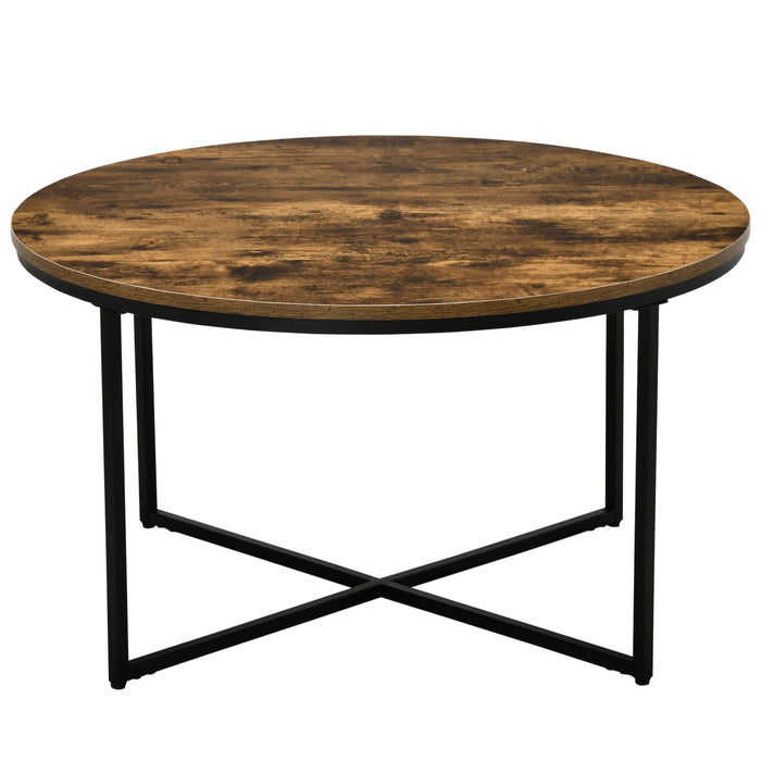 Coffee Table, Industrial Round Side Table with Metal Frame, Large Tabletop for Living Room, Bedroom, Rustic Brown