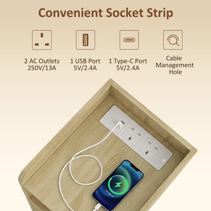 Slim Bedside Table Set of 2 with Charging Station, Oak