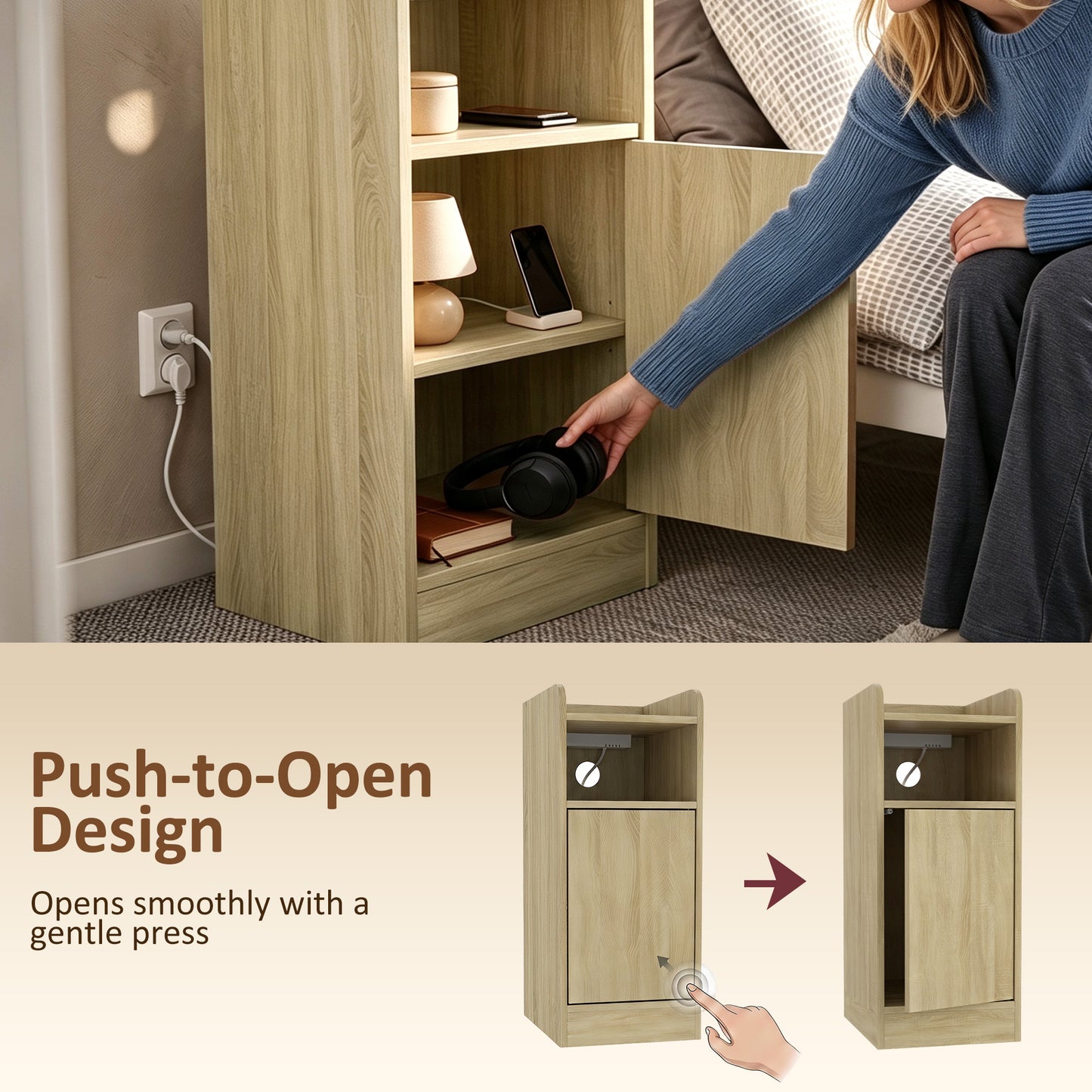Slim Bedside Table Set of 2 with Charging Station, Oak
