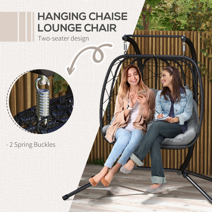 Outdoor PE Rattan Double-seater Swing Chair w/ Thick Padded Cushion, Patio Hanging Chair for 2 w/ Metal Stand, Headrest, Black