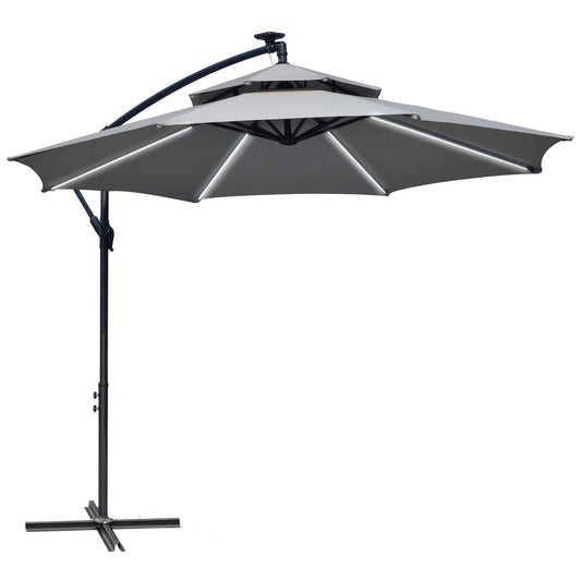 3(m) Cantilever Parasol Hanging Banana Umbrella w/ lights, Light Grey