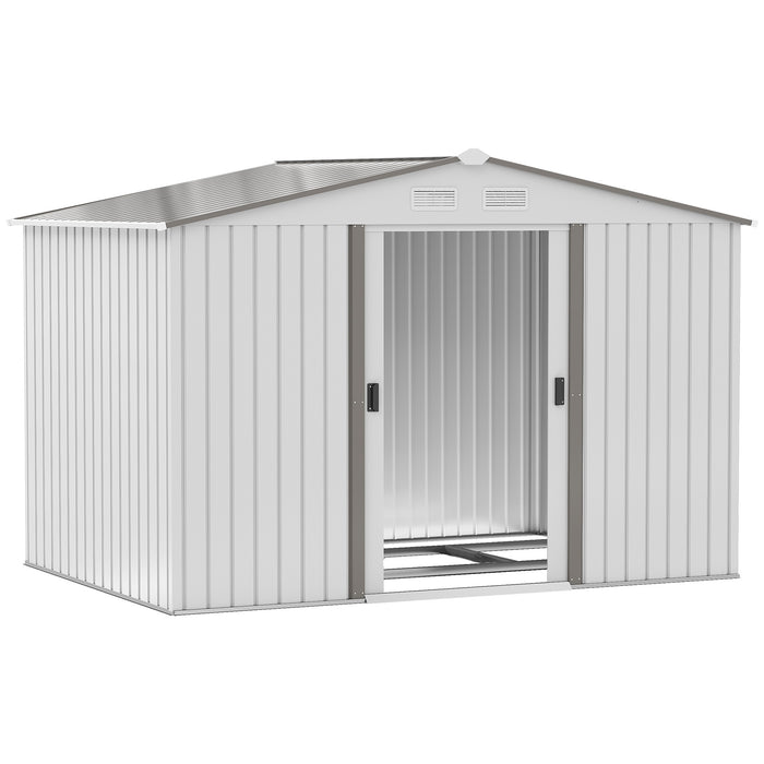 9 x 6FT Garden Storage Shed, Metal Outdoor Storage Shed House with Floor Foundation, Ventilation & Doors, Grey