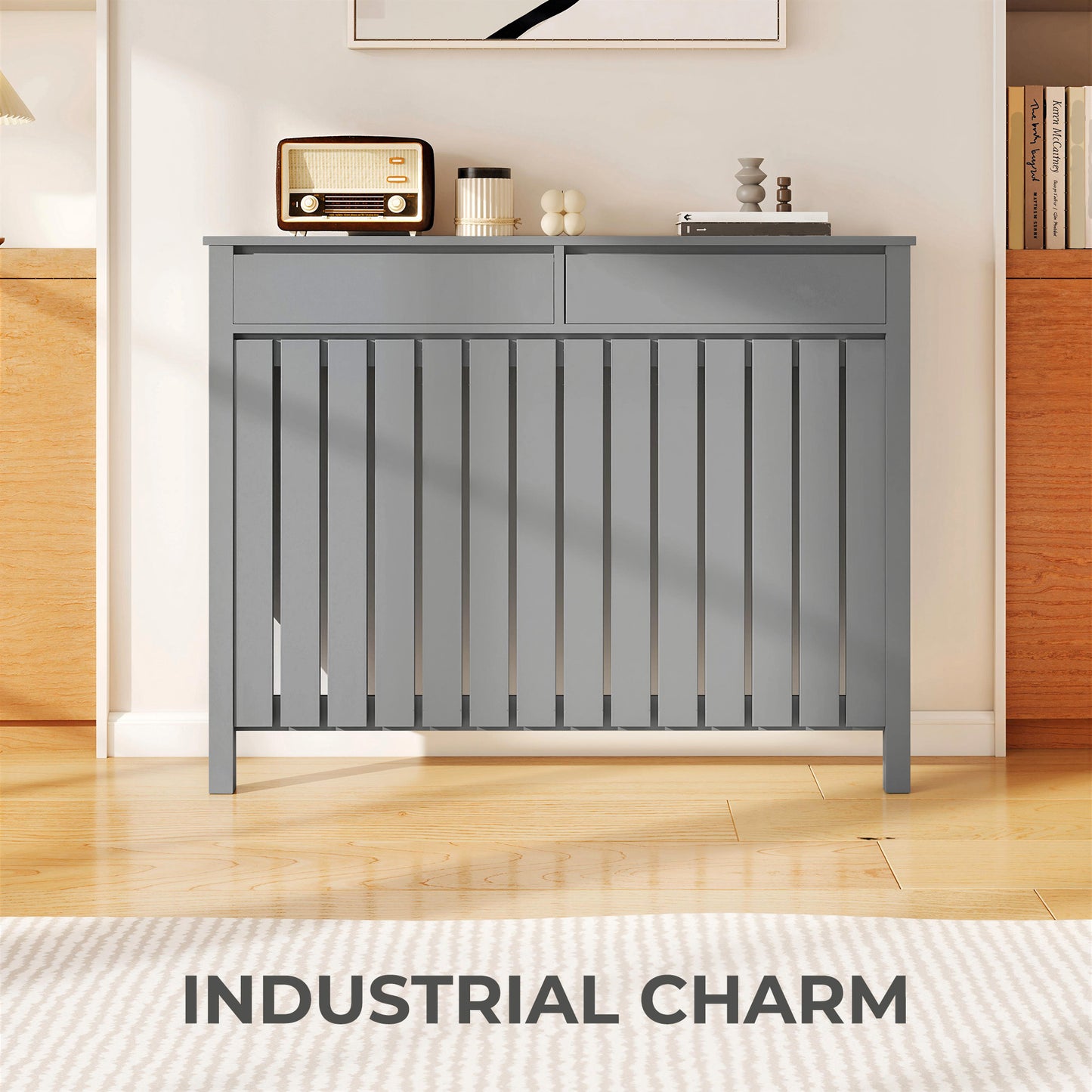 Large Radiator Cover with Drawers and Vertical Slats 119 x 19 x 93 cm