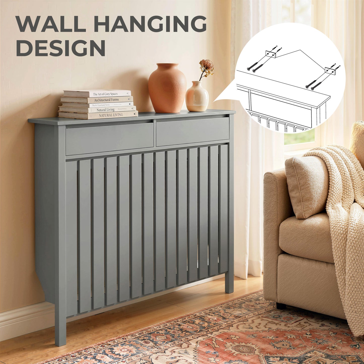 Large Radiator Cover with Drawers and Vertical Slats 119 x 19 x 93 cm