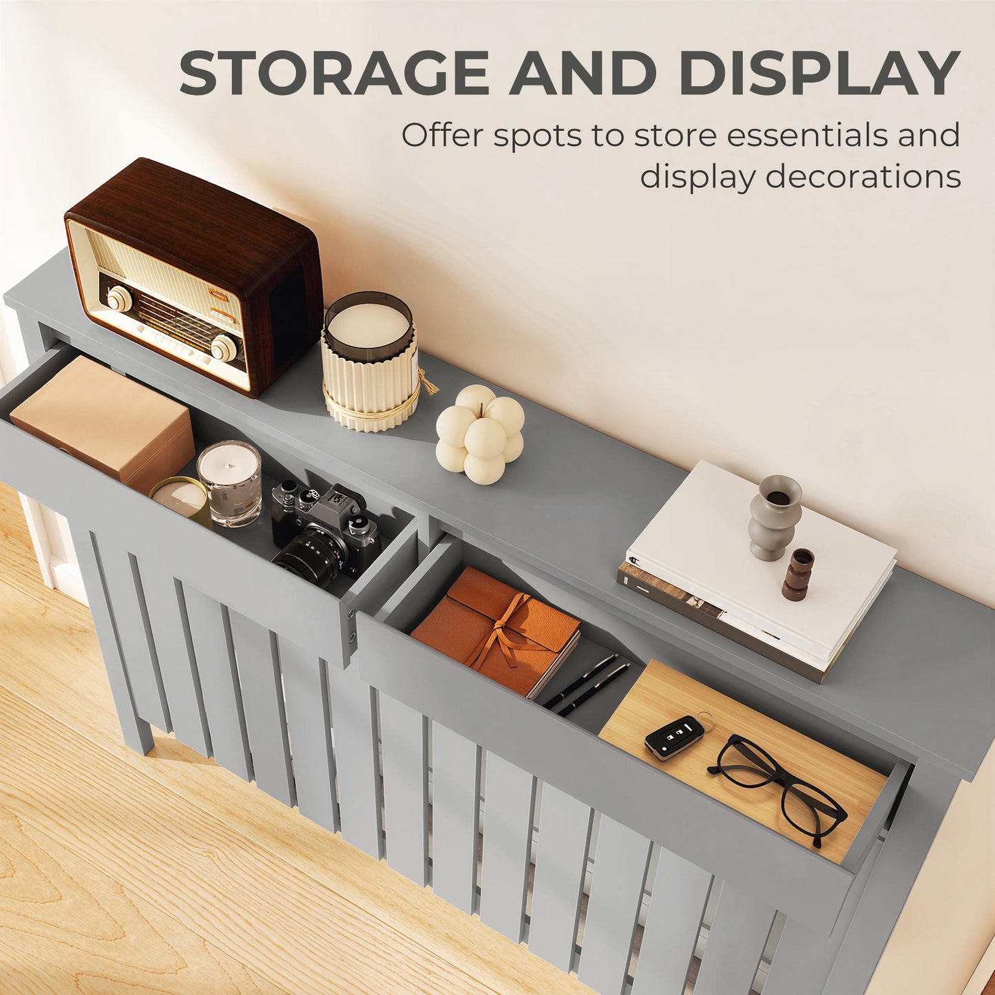 Large Radiator Cover with Drawers and Vertical Slats 119 x 19 x 93 cm
