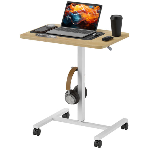 Height Adjustable Standing Desk, Pneumatic Sit Stand Desk for Laptop, Mobile Overbed Table with Wheels and Headphone Hook for Home Office, Natural Wood Finish