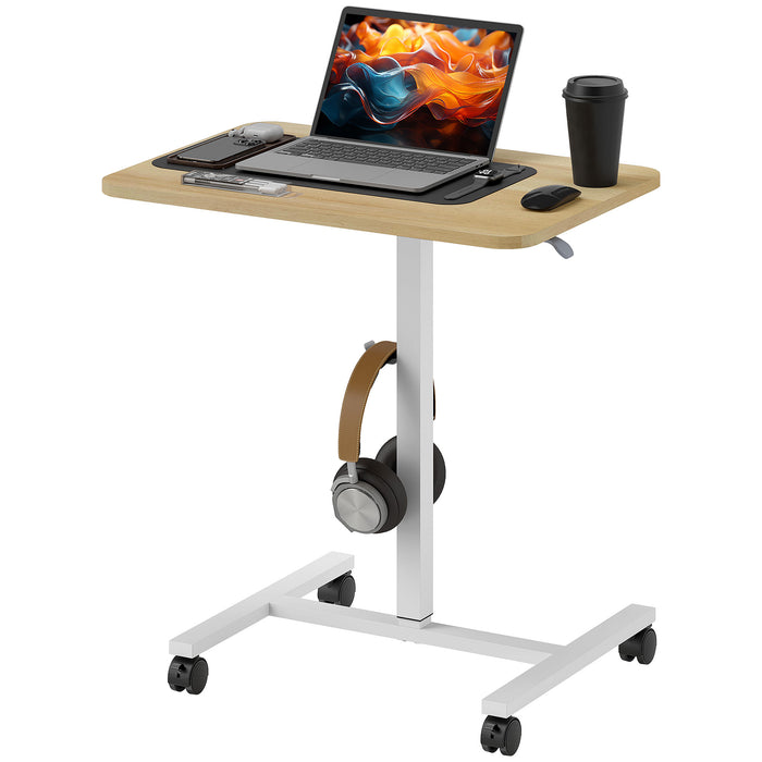 Height Adjustable Standing Desk, Pneumatic Sit Stand Desk for Laptop, Mobile Overbed Table with Wheels and Headphone Hook for Home Office, Natural Wood Finish