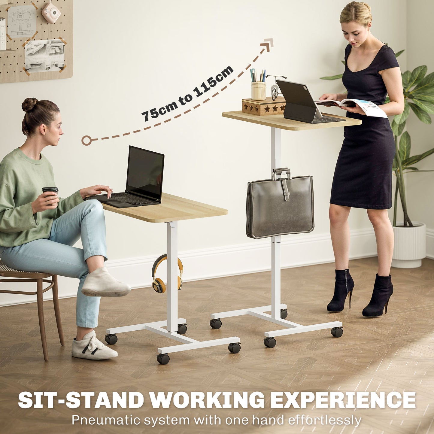 Standing Desk Mobile Overbed Table w/ Wheels for Home Office Natural