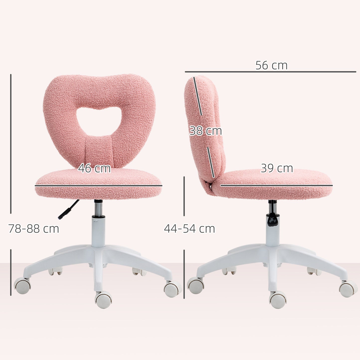 Armless Heart Desk Chair, Makeup Vanity Chair for Home, Pink
