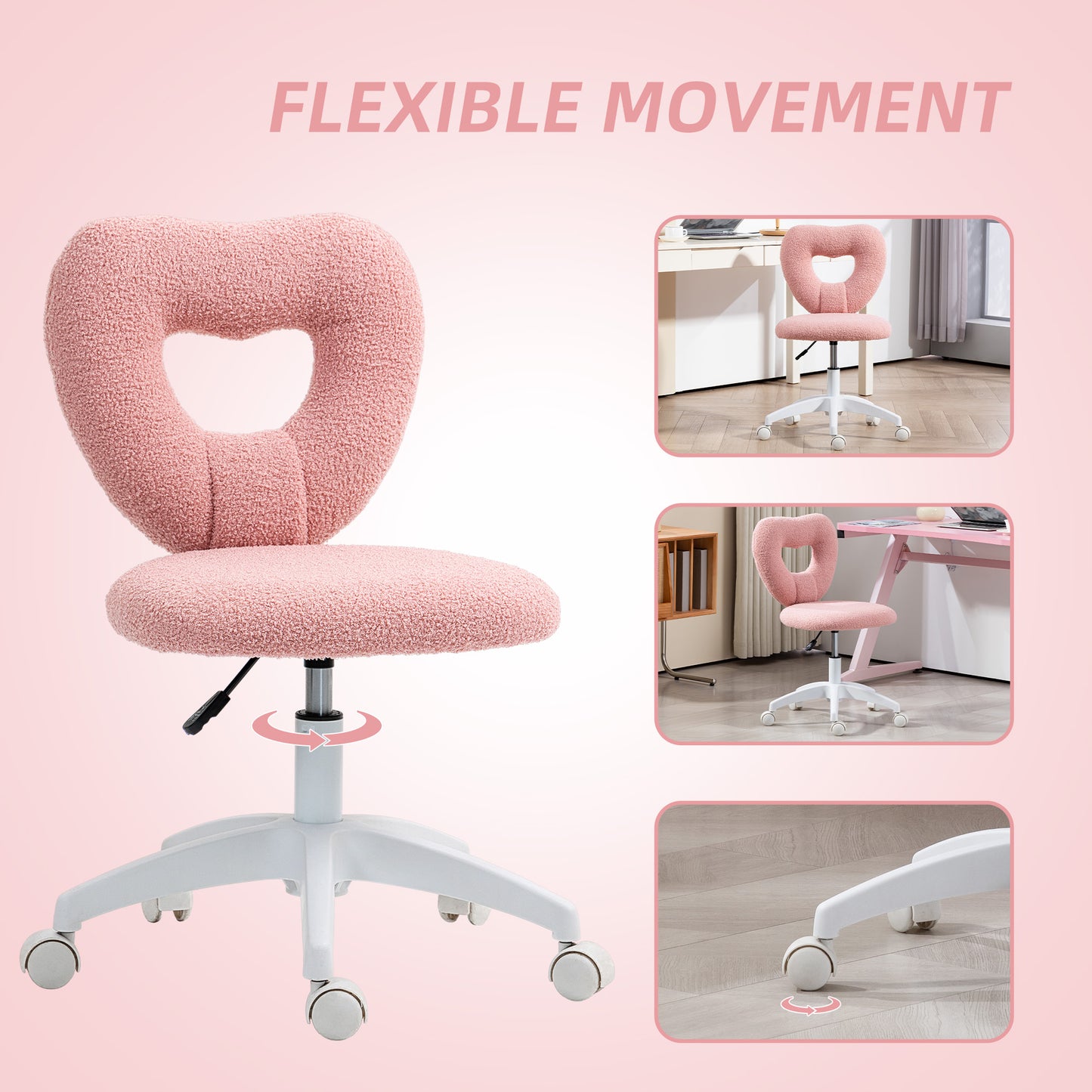 Armless Heart Desk Chair, Makeup Vanity Chair for Home, Pink