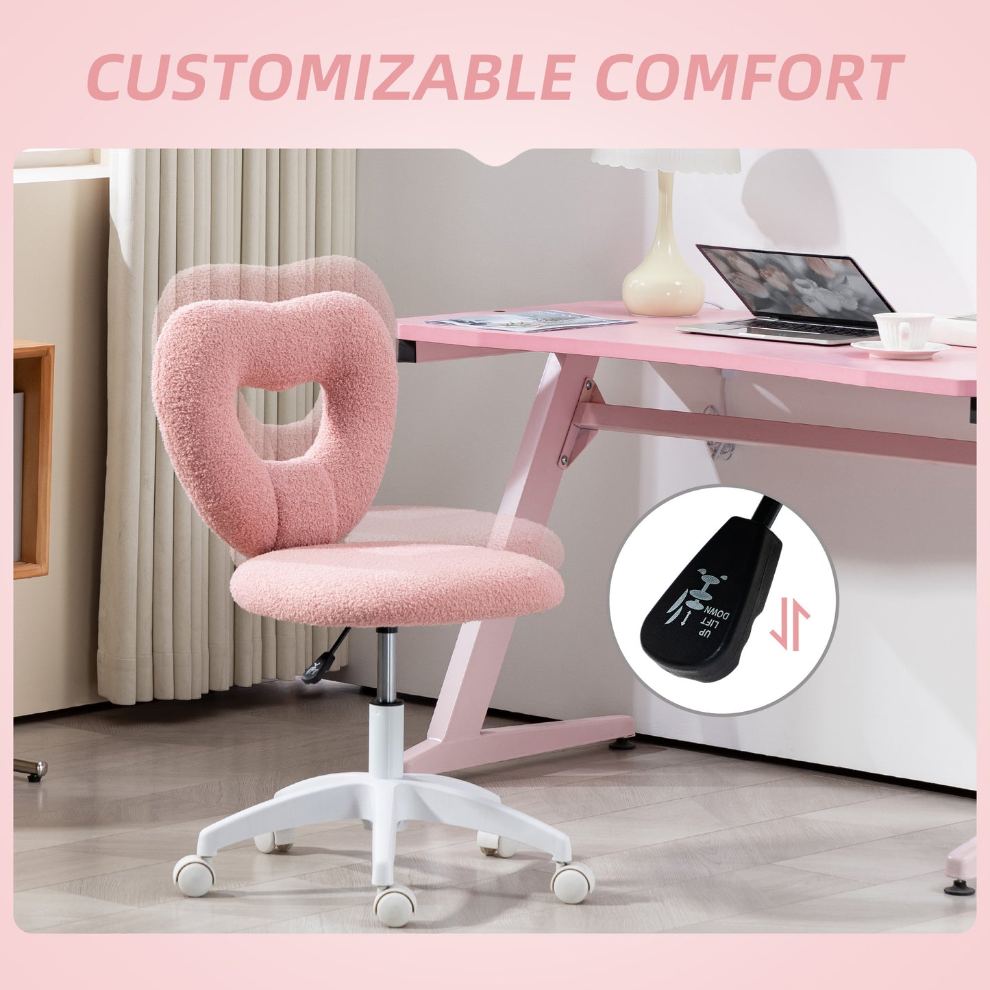 Armless Heart Desk Chair, Makeup Vanity Chair for Home, Pink