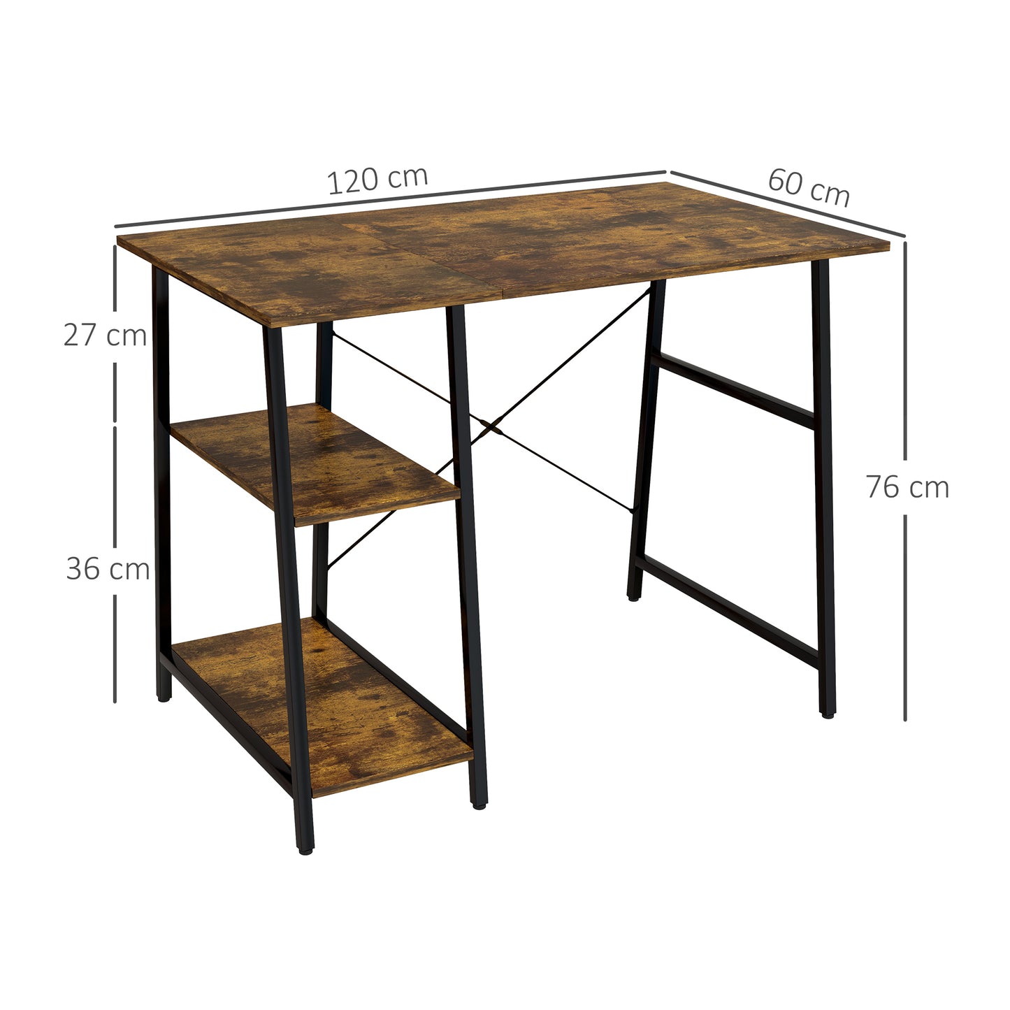 Computer Table Wor Desk with Shelves & Steel Frame, Rustic Brown