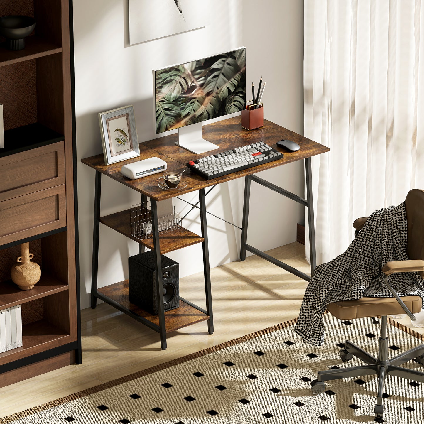 Computer Table Wor Desk with Shelves & Steel Frame, Rustic Brown