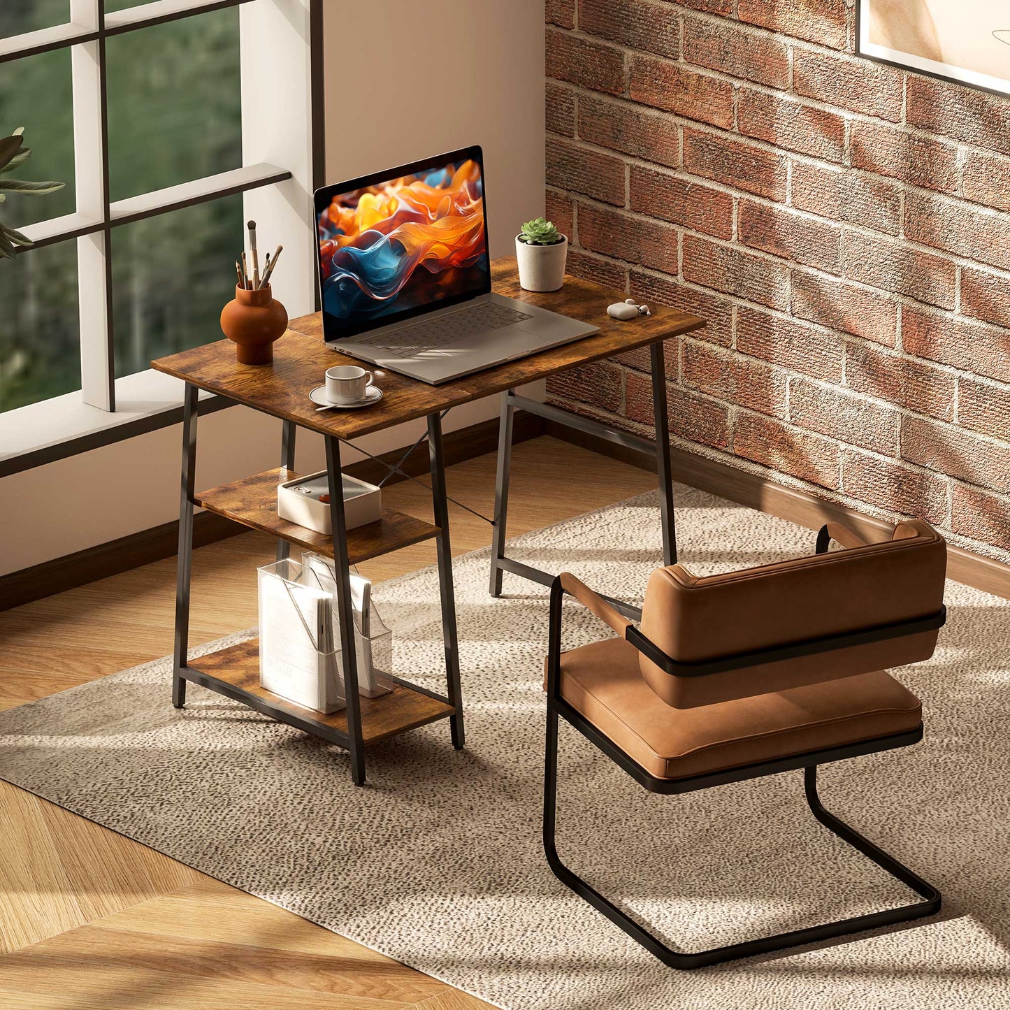 Computer Table Wor Desk with Shelves & Steel Frame, Rustic Brown