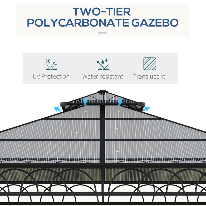 3 x 3 (m) Outdoor Polycarbonate Gazebo, Double Roof Hard Top Gazebo with Galvanized Steel Frame, Nettings & Curtains