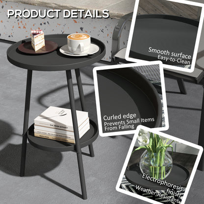 Round Garden Table, 2-Tier Metal Patio Table Coffee Table, Black