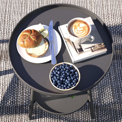Round Garden Table, 2-Tier Metal Patio Table Coffee Table, Black