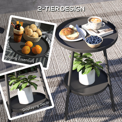 Round Garden Table, 2-Tier Metal Patio Table Coffee Table, Black