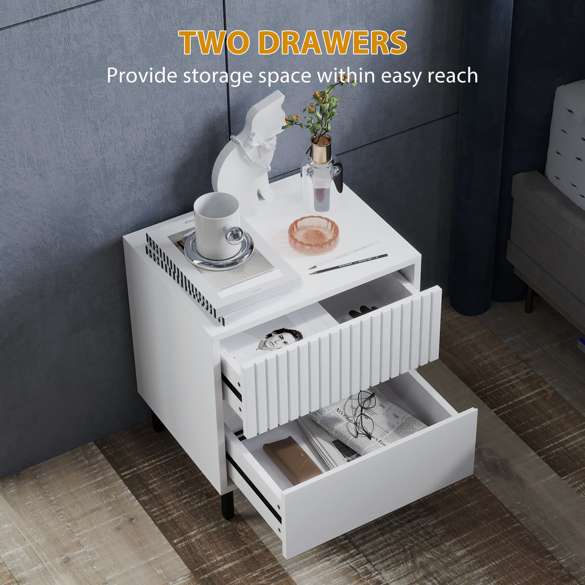Bedside Table with 2 Drawers and Steel Legs for Bedroom, White