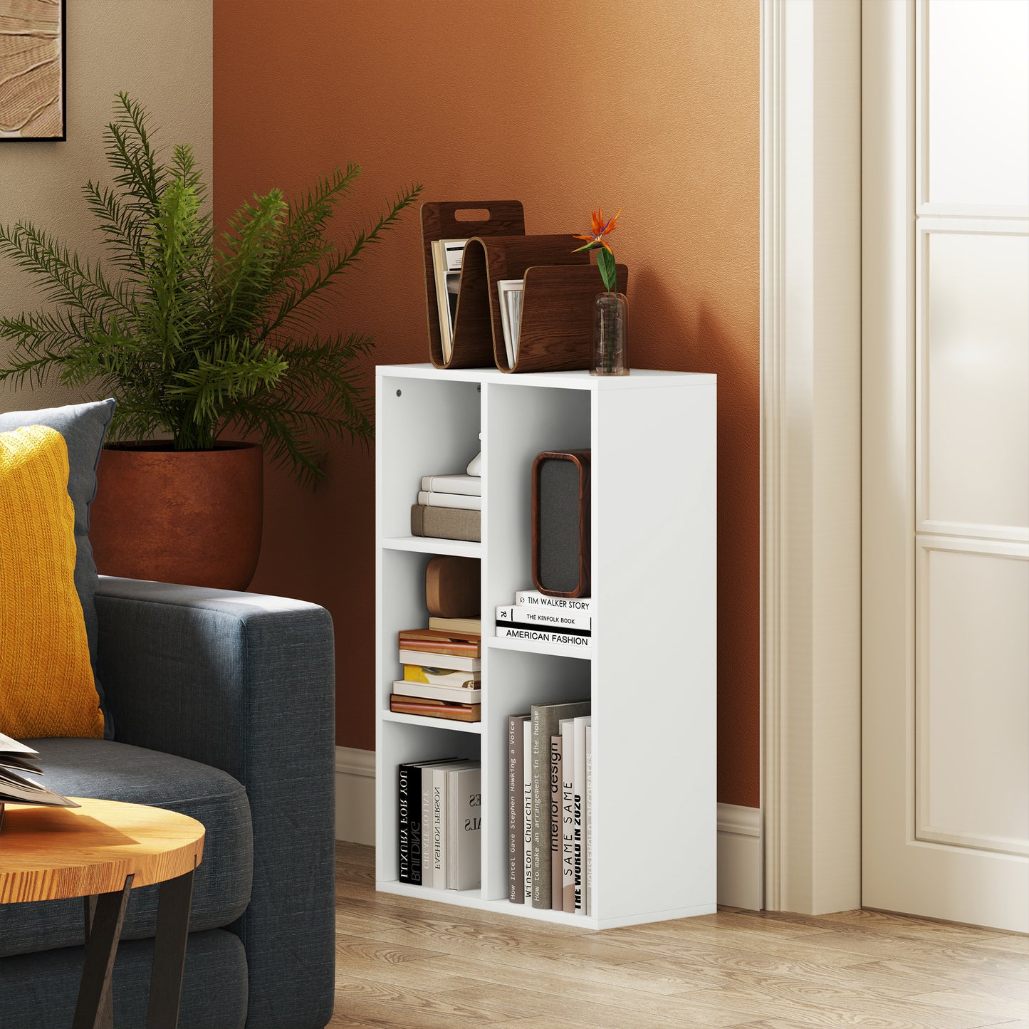 2-Tier Bookshelf with 5 Open Storage Compartments, White