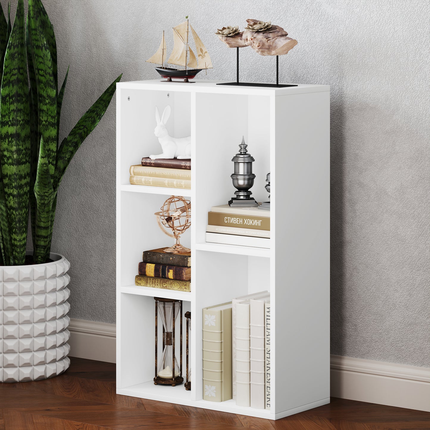 2-Tier Bookshelf with 5 Open Storage Compartments, White