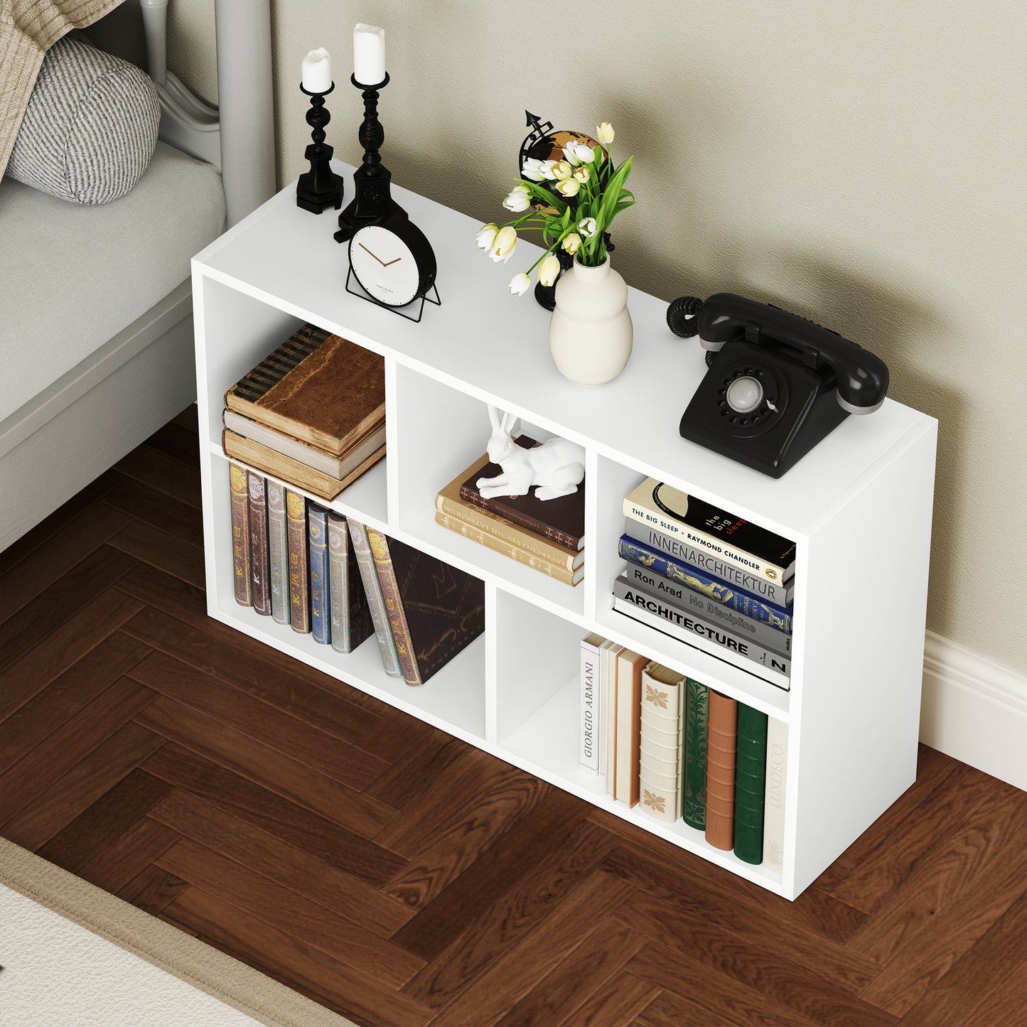 2-Tier Bookshelf with 5 Open Storage Compartments, White