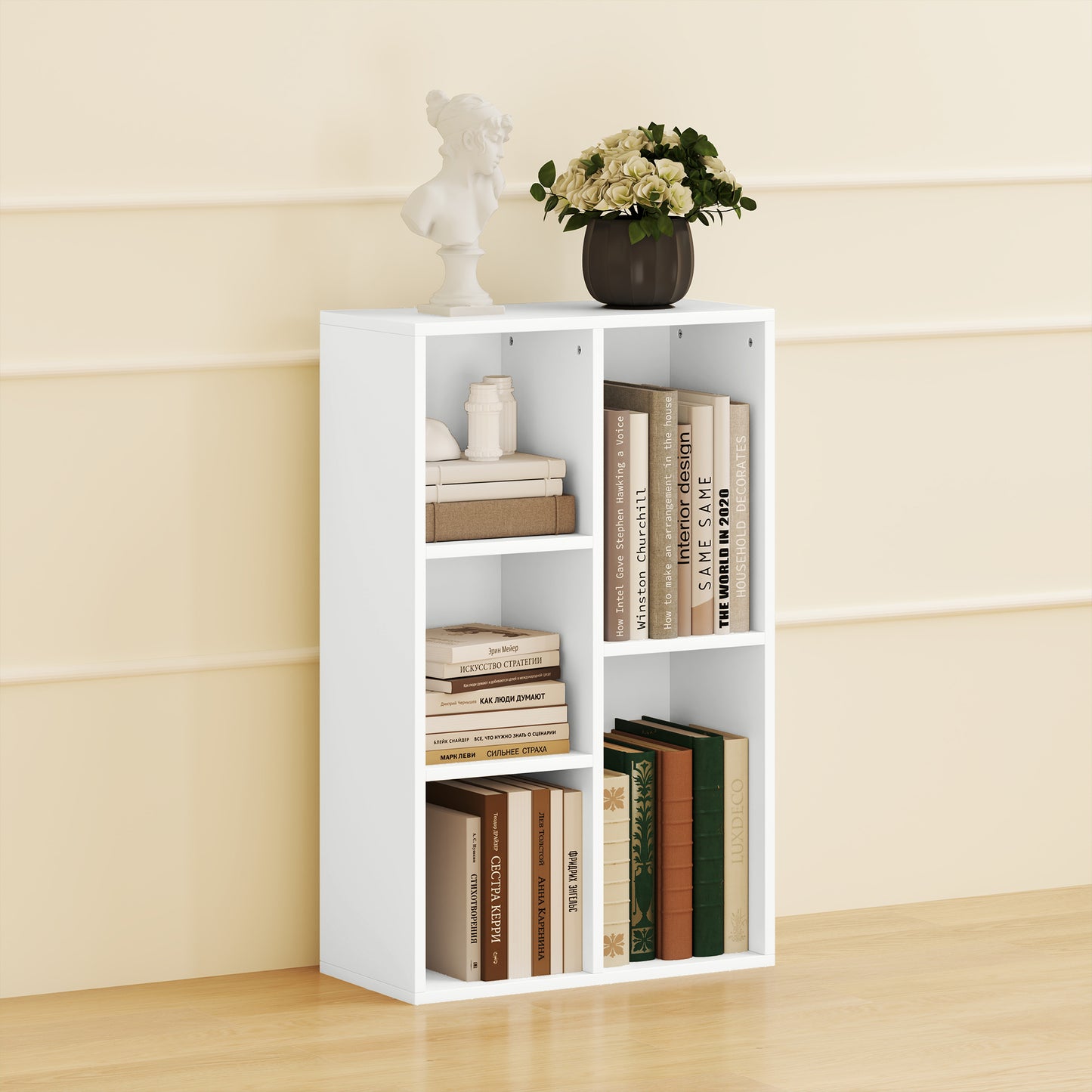 2-Tier Bookshelf with 5 Open Storage Compartments, White