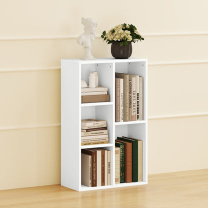 2-Tier Bookshelf with 5 Open Storage Compartments, White