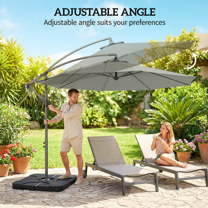 3(m) Banana Parasol Cantilever Umbrella Garden w/ Base Weights - Light Grey