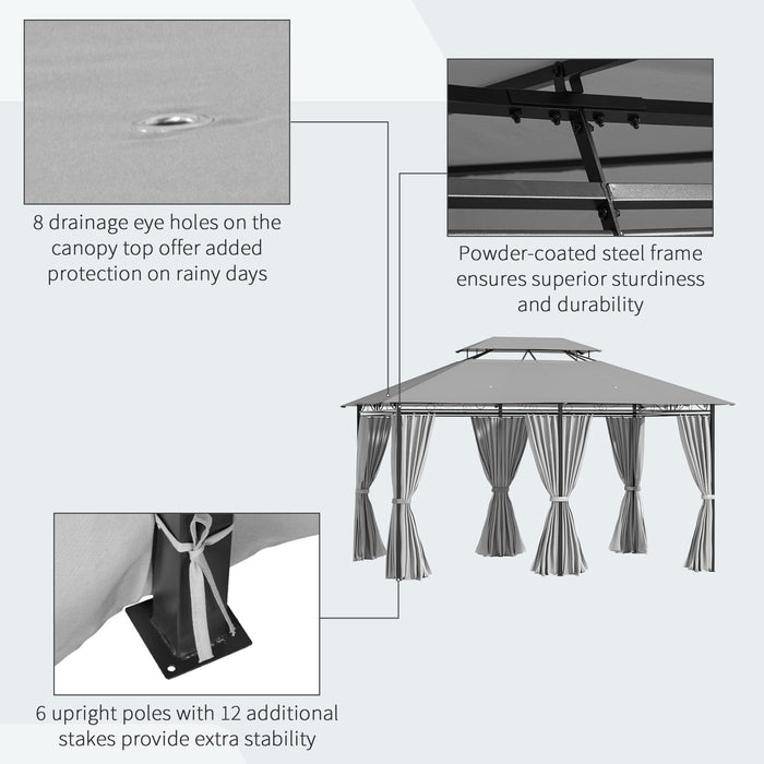 4m x 3(m) Metal Gazebo Canopy Party Tent Garden Pavillion Patio Shelter Pavilion with Curtains Sidewalls, Grey